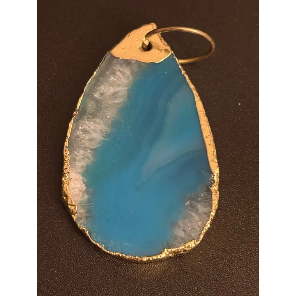 Vintage Blue Agate Slice Gold Tone Pendant Genuine